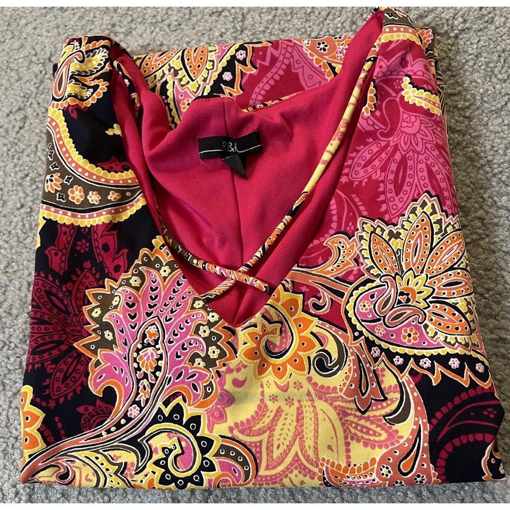 90s R&K Paisley Shift Mini Dress Sz 16P Fuchsia Yellow Crisscross Strap Colorful - Picture 13 of 13